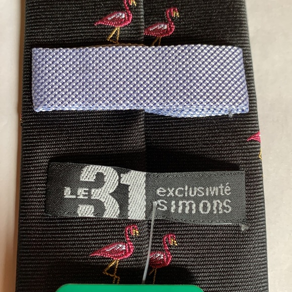Le 31 Simons - black with pink flamingo narrow silk tie. - Picture 6 of 10